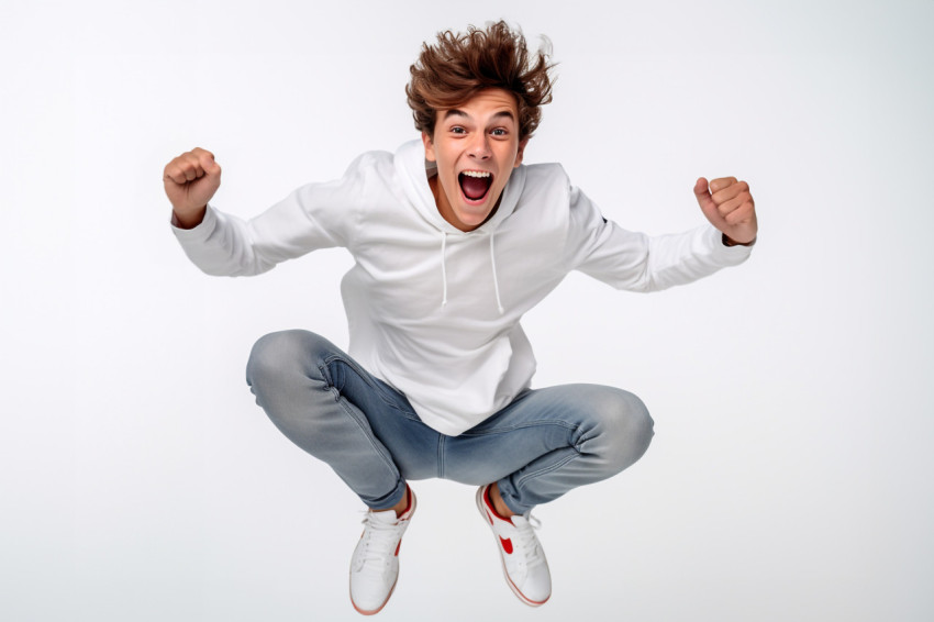 A photo of a happy young man jumping in front of a white wall wi