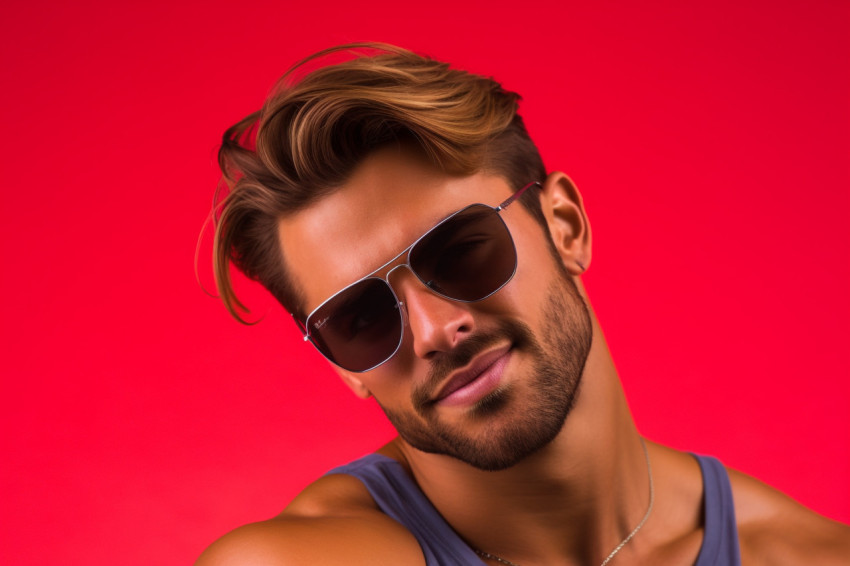 A photo of a smiling young man with sunglasses standing against