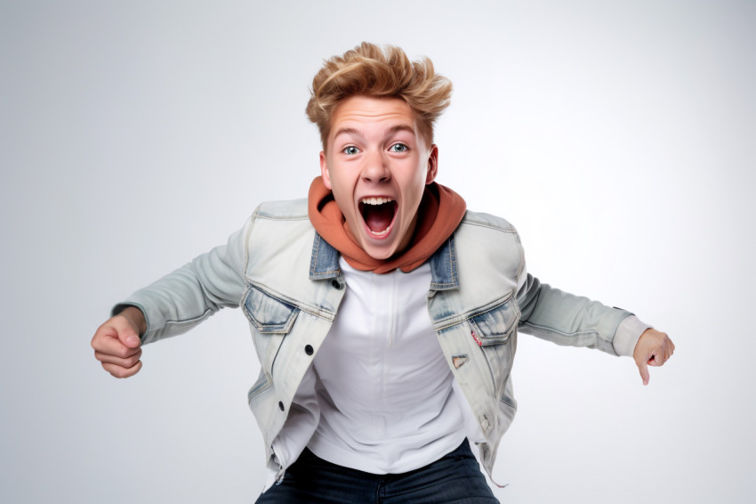 A photo of a happy young man jumping in front of a white wall wi