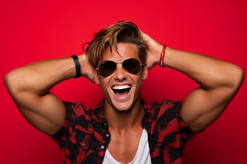 A photo of a smiling young man with sunglasses standing against