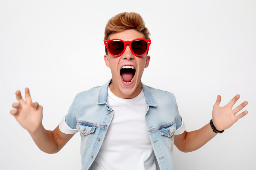 A photo of a happy young man jumping in front of a white wall wi