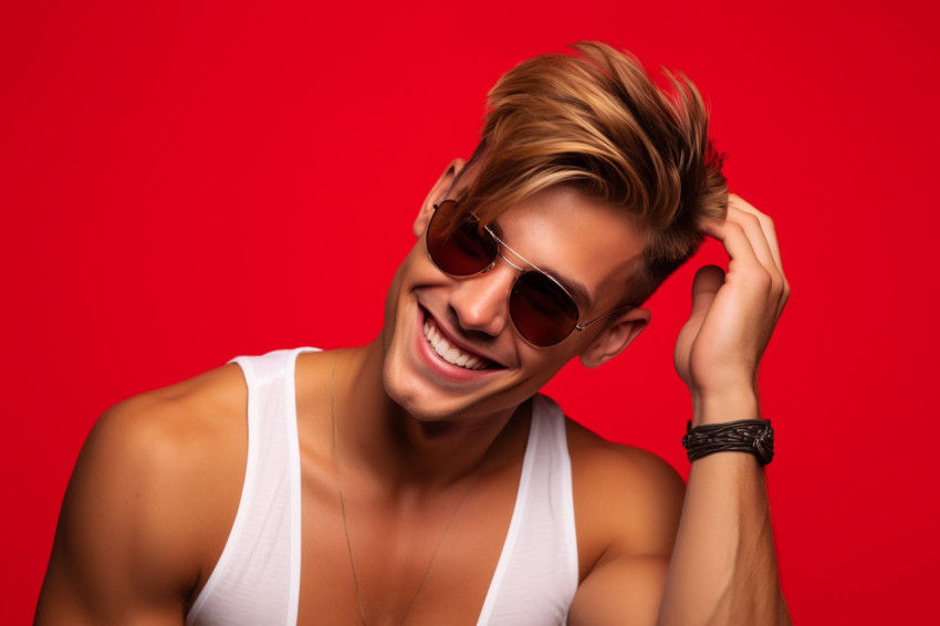 A photo of a smiling young man with sunglasses standing against