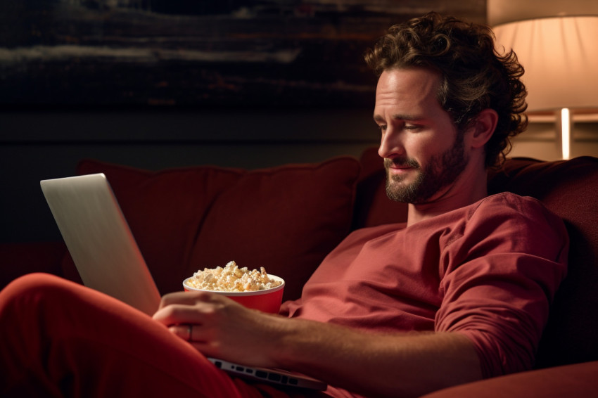 A photo of a man relaxing on a sofa with his laptop watching a m