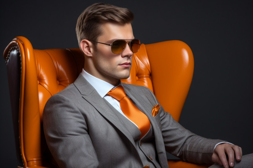 Picture of a good looking young man in a suit sitting in an oran