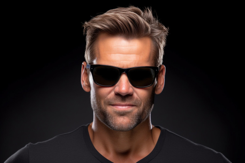 A picture of a handsome man in a black shirt and sunglasses with