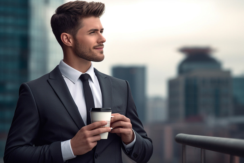 A picture of a young man wearing a suit and holding a coffee cup