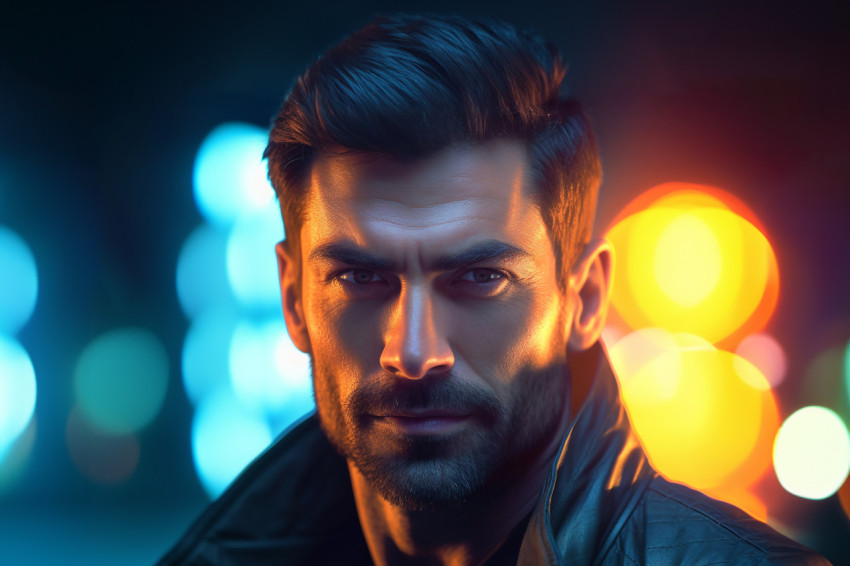 Close up photo of a handsome man at night lit by neon lights