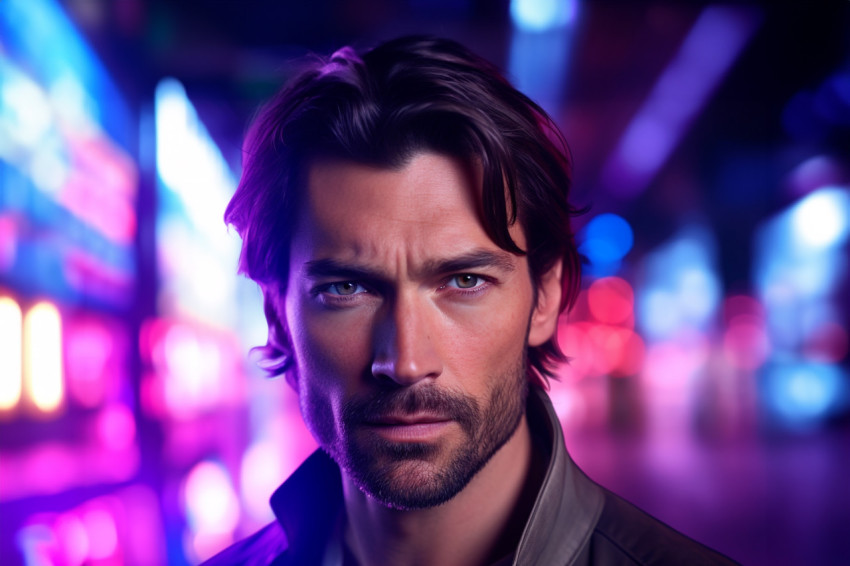 Close up photo of a handsome man at night lit by neon lights