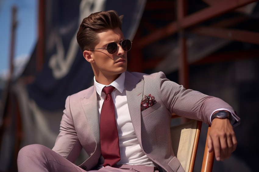 Picture of a cool young man in a stylish suit and glasses sittin