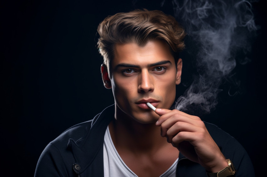 A photo of a young man in a studio holding an electronic cigaret