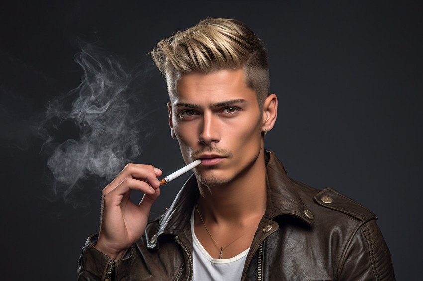 A photo of a young man in a studio holding an electronic cigaret