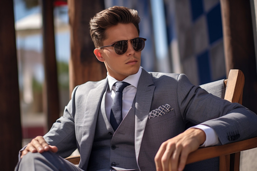 Picture of a cool young man in a stylish suit and glasses sittin