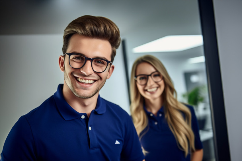 A photo of a smiling young businessman in a blue polo shirt and