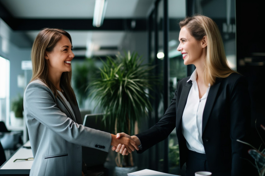 A photo of a happy businesswoman shaking hands with someone in a