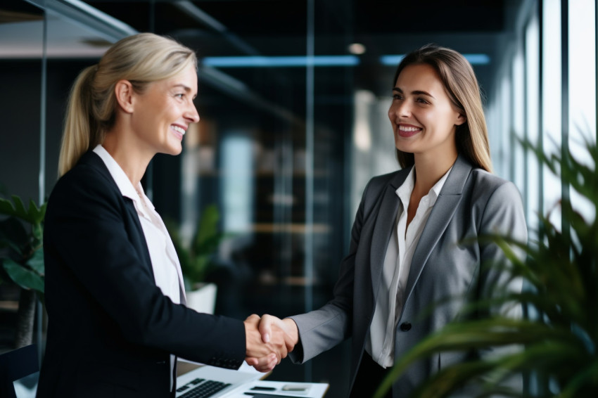 A photo of a happy businesswoman shaking hands with someone in a