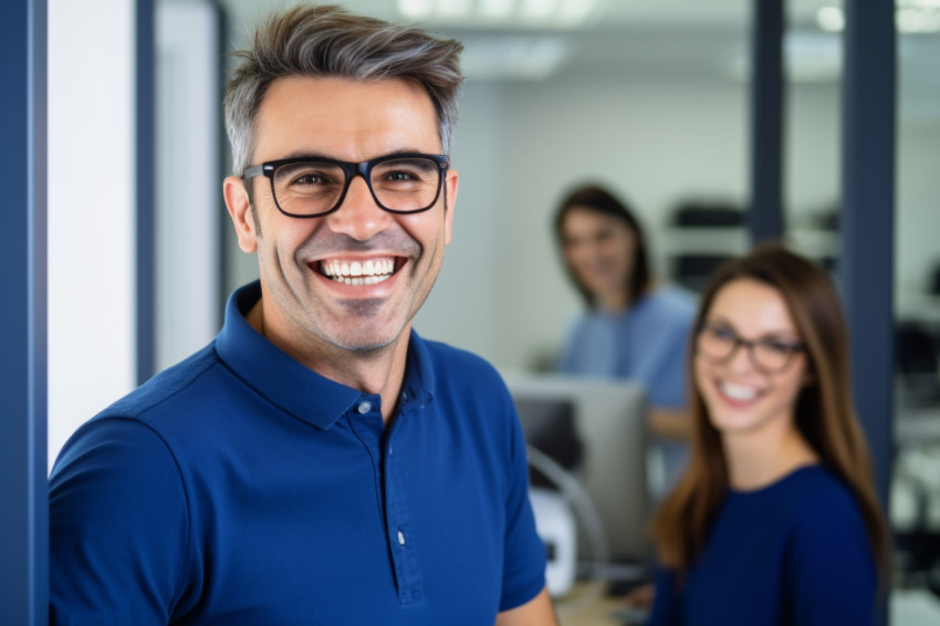 A photo of a smiling young businessman in a blue polo shirt and