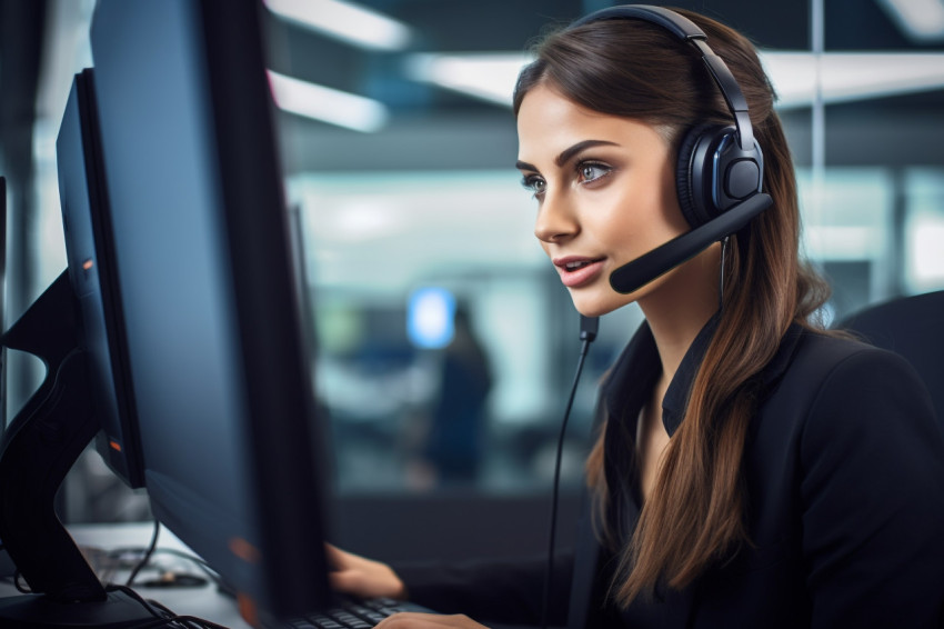 A picture of a young woman wearing a headset and using a compute