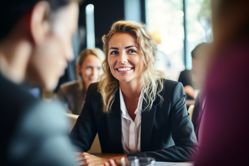 Picture of a confident and stylish businesswoman smiling and tal