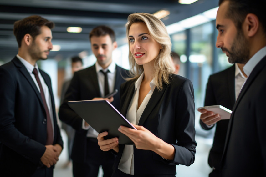 A photo of a business woman with a tablet in her hands in front