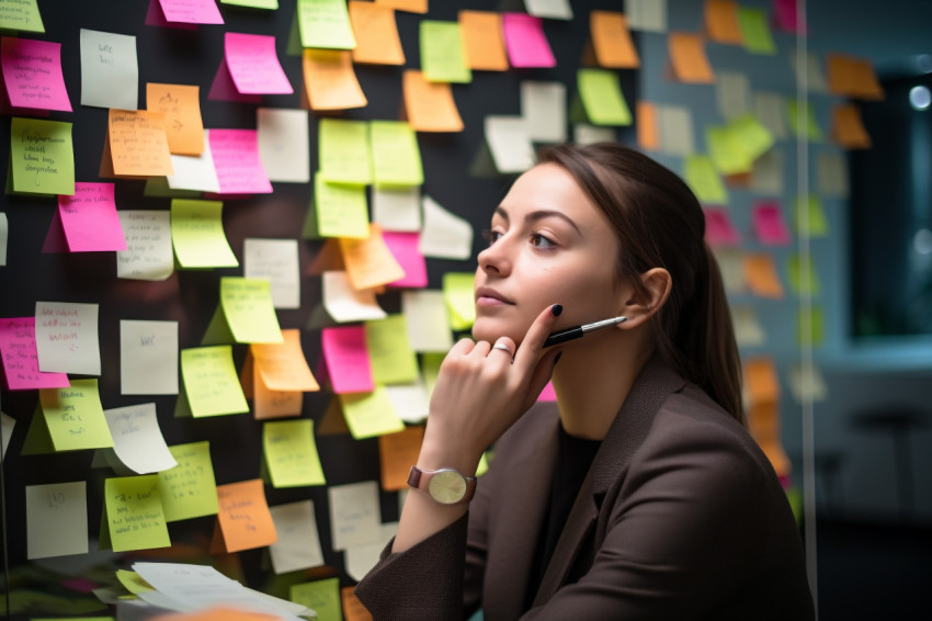 Picture of a young woman using sticky notes to think about ideas