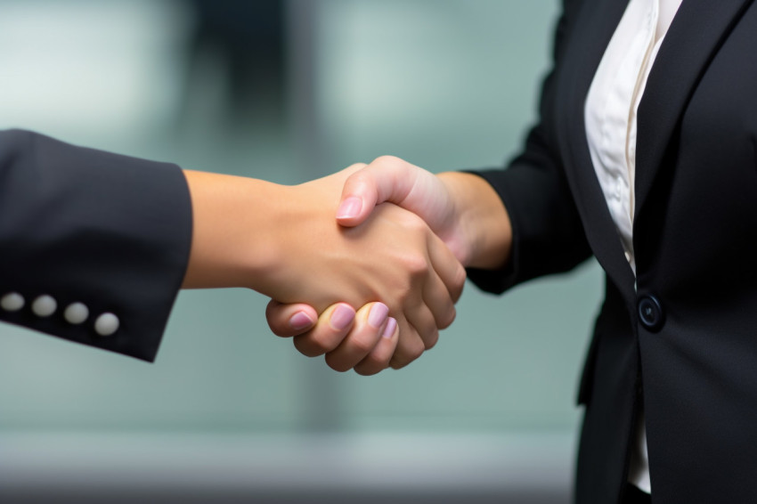 A photo of two business women shaking hands both looking happy c