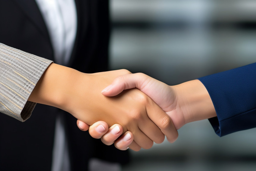 A photo of two business women shaking hands both looking happy c