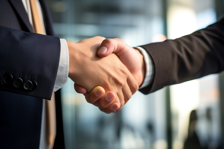 A close up photo of business people shaking hands in an office m