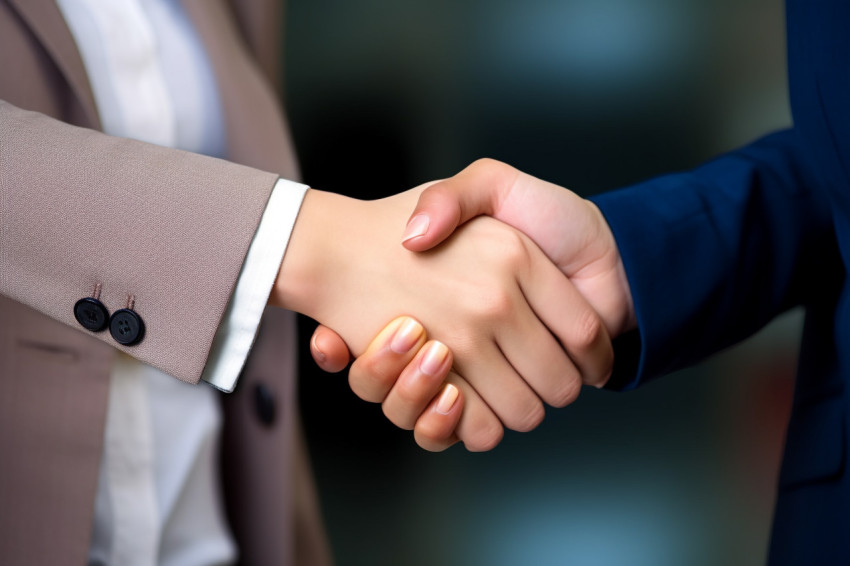 A photo of two business women shaking hands both looking happy c