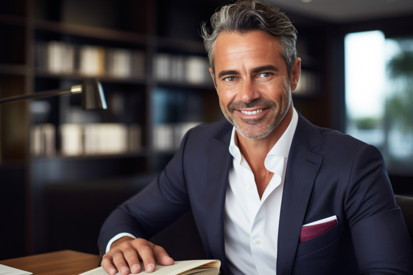 A photo of a handsome businessman in his office holding a book h