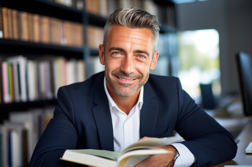 A photo of a handsome businessman in his office holding a book h