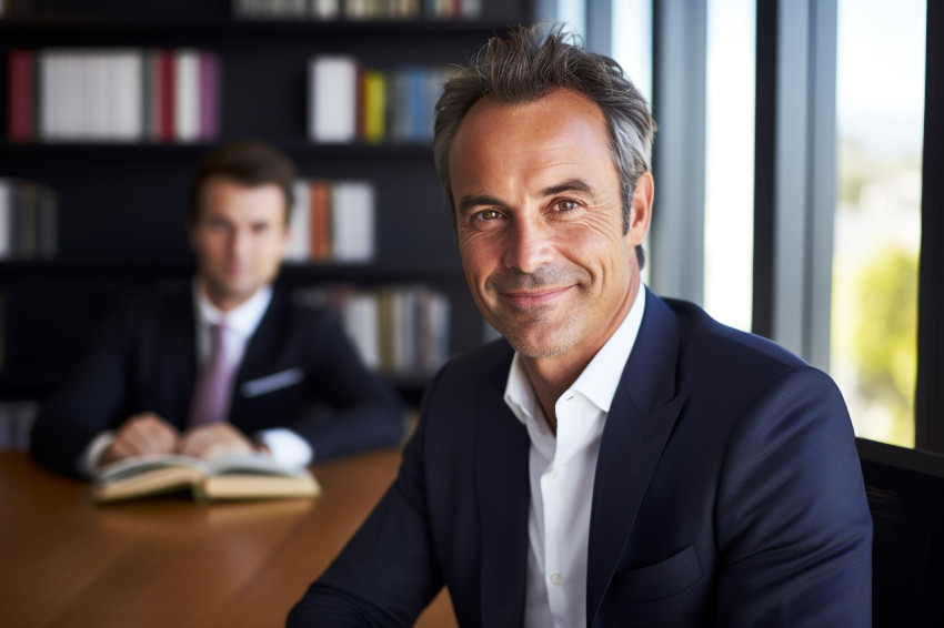 A photo of a handsome businessman in his office holding a book h