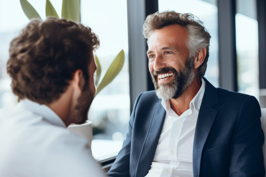 A picture of a happy young businessman talking to an older busin