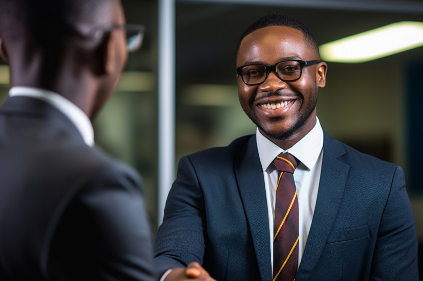 A photo of a happy african american manager shaking hands with a