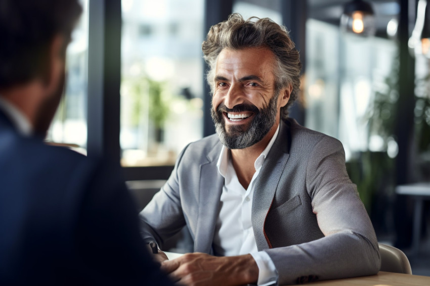 A picture of a happy young businessman talking to an older busin