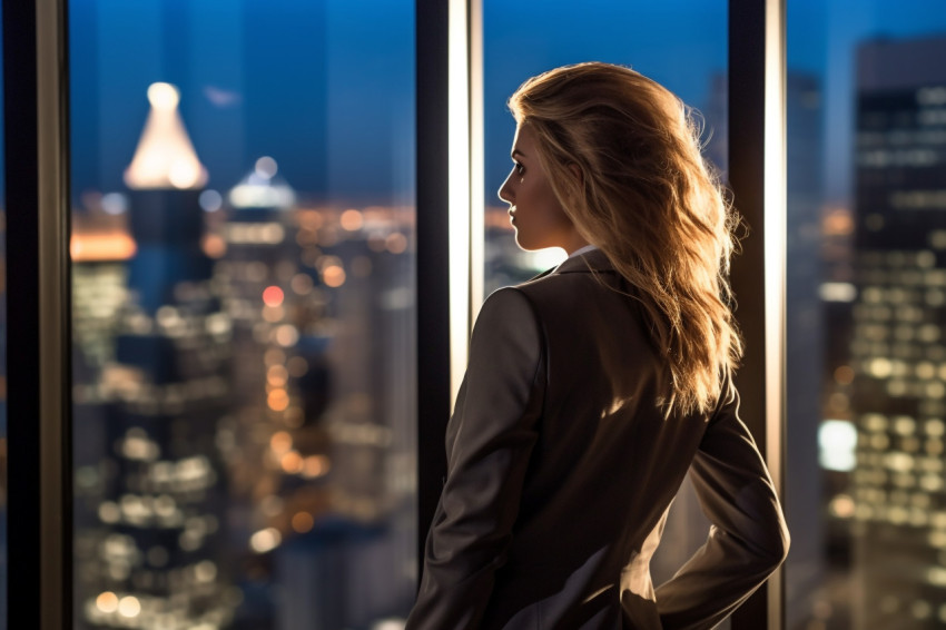 A photo of a young businesswoman standing in an office window he