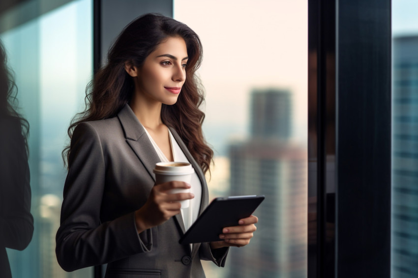 A picture of a good-looking woman drinking coffee and using a ta