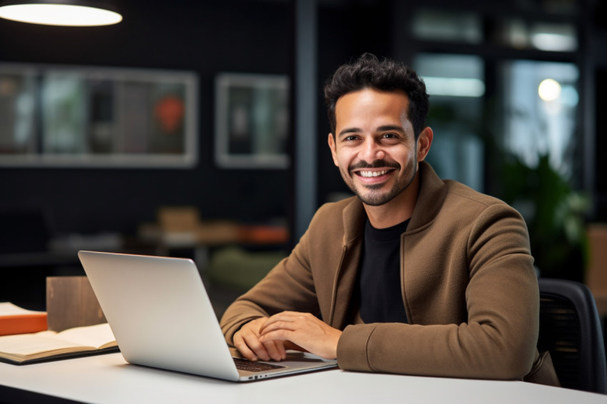 A photo of a young Hispanic businessman sitting at his desk with