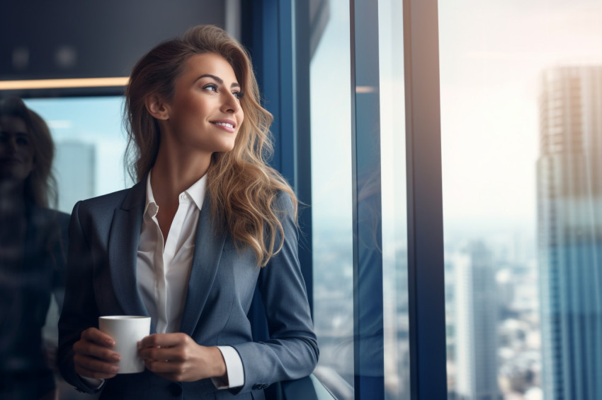 A picture of a good-looking woman drinking coffee and using a ta