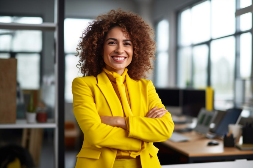 Picture of a successful Latin American businesswoman in a yellow