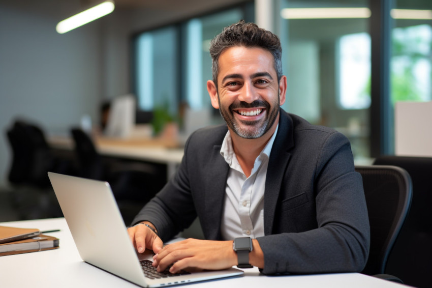 A photo of a young Hispanic businessman sitting at his desk with