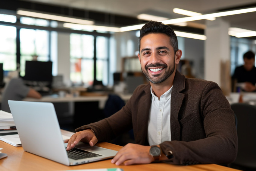 A photo of a young Hispanic businessman sitting at his desk with