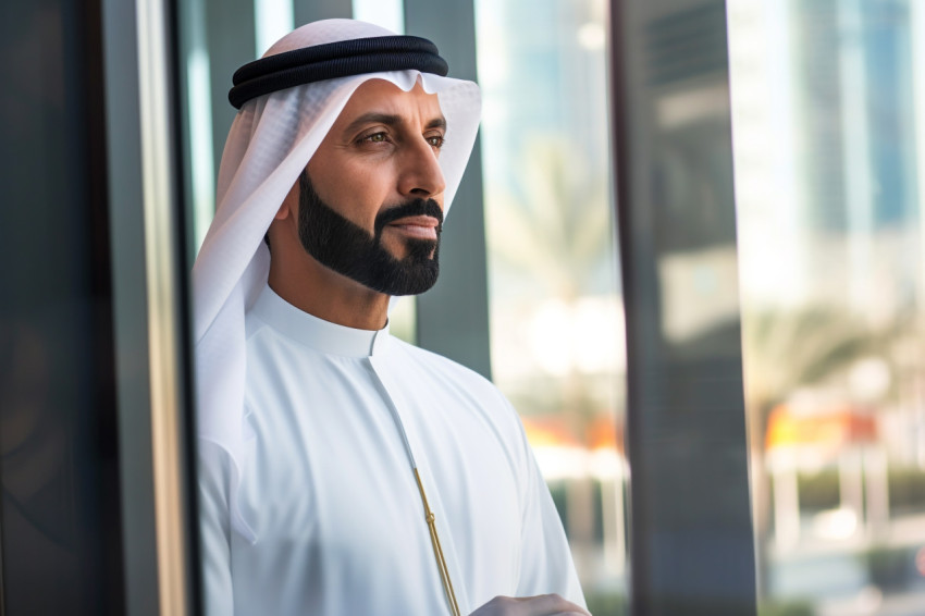 A picture of an Arab businessman looking out of the office balco