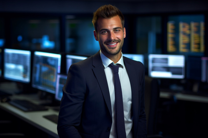 A photo of a young businessman smiling while standing alone in a