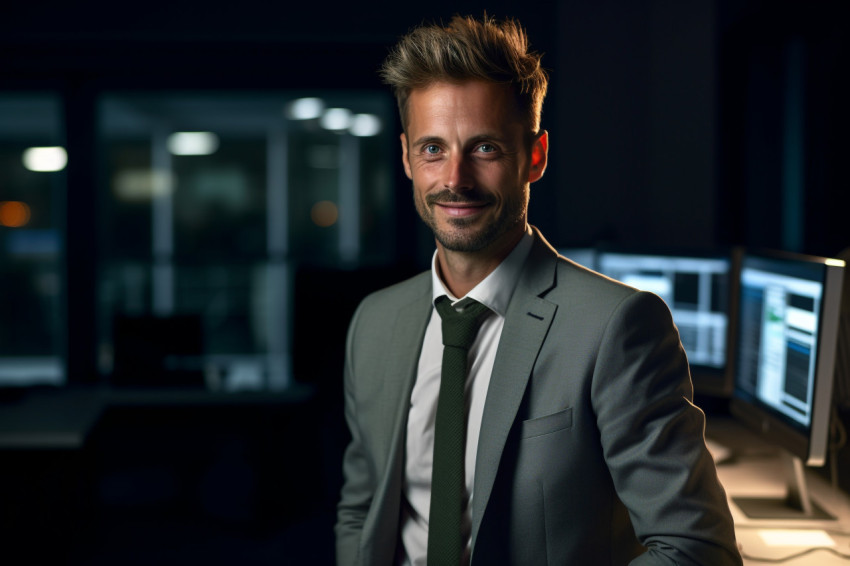 A photo of a young businessman smiling while standing alone in a