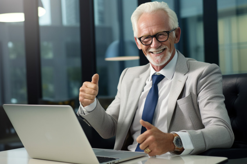 Photo of a mature businessman in a suit working on a laptop in h