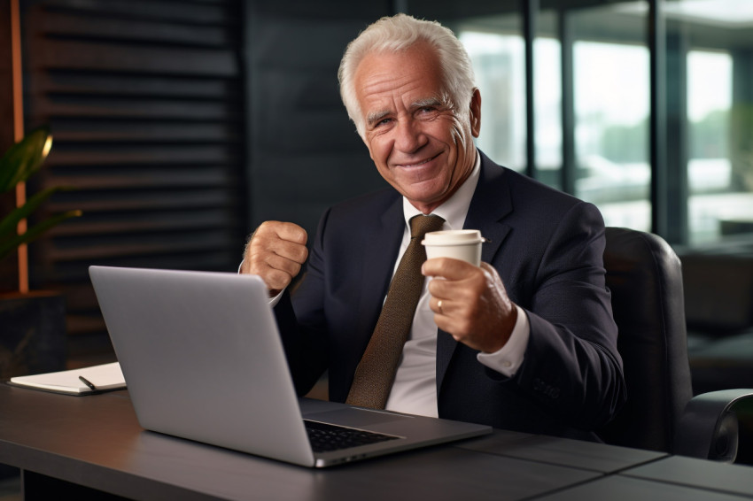 Photo of a mature businessman in a suit working on a laptop in h