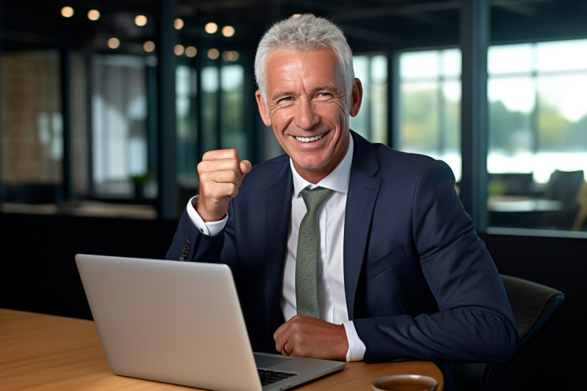 Photo of a mature businessman in a suit working on a laptop in h