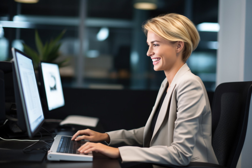 Picture of a pretty young woman with short, blonde hair working