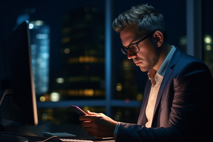 A photo of a businessman reading an email on his phone at night