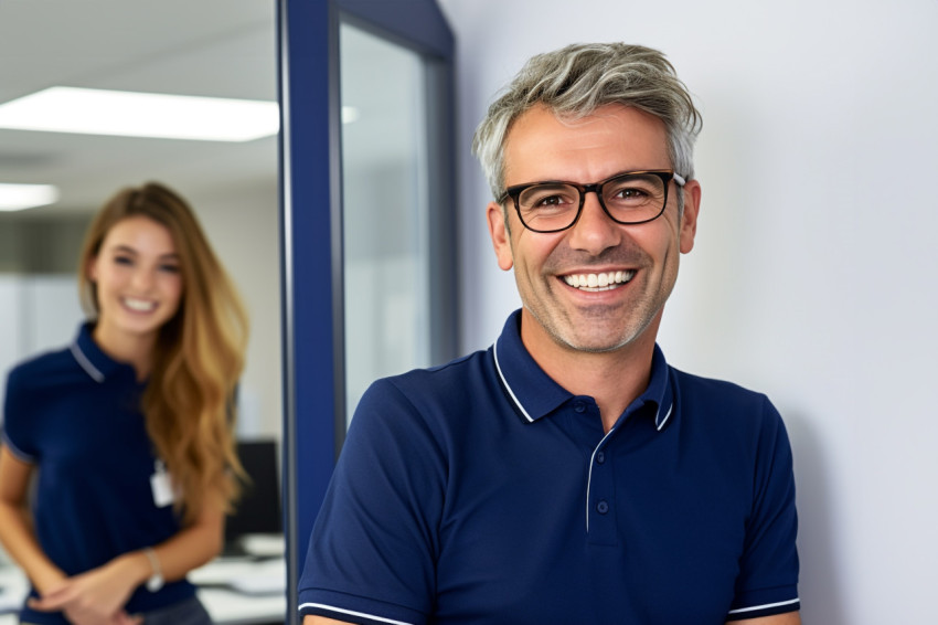 A photo of a smiling young businessman in a blue polo shirt and